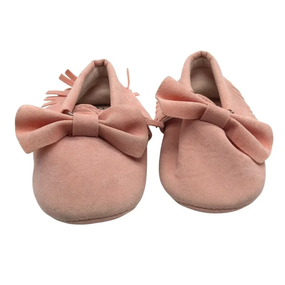 Baby Girls Moccasin Booties Fringe Bow Faux Suede Slip On Pink Size 2